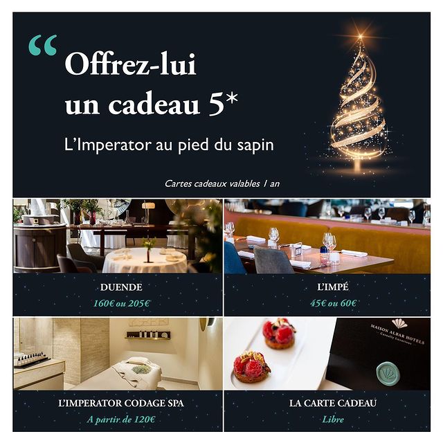 · Pour Noël, un cadeau 5* ·
Offrez-lui une expérience gastronomique signée Pierre Gagnaire au DUENDE, un voyage gustatif entre Provence et Camargue à L'IMPÉ, un moment de bien-être ultime à l'IMPERATOR CODAGE SPA ou bien le choix de son expérience 5* grâce à nos cartes cadeaux disponibles sur notre boutique >> lien dans la bio (https://maison-albar-hotels-l-imperator-shop.com/)
-
Cartes cadeaux valables 1 an.
-
#Noel #Cadeau #Hotel #Restaurant #Spa #BienEtre #Nîmes